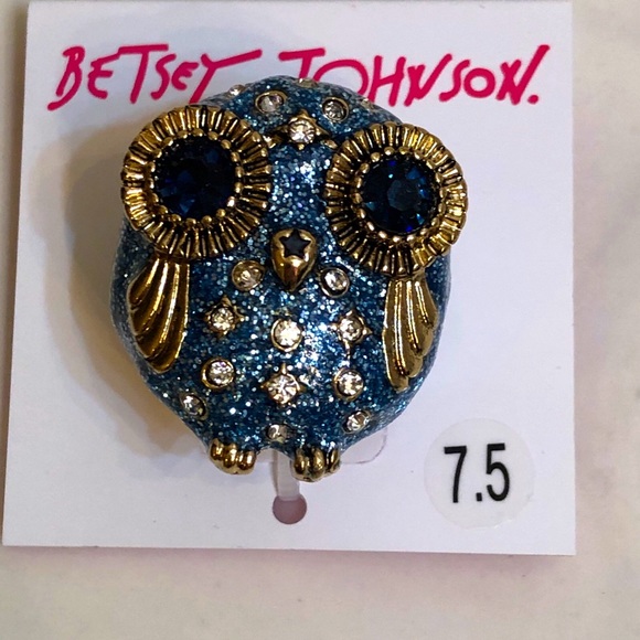 Betsey Johnson Gold Tone Blue Enamel Glitter Owl Stretchy Ring Size 7.5 NWT - Picture 6 of 10